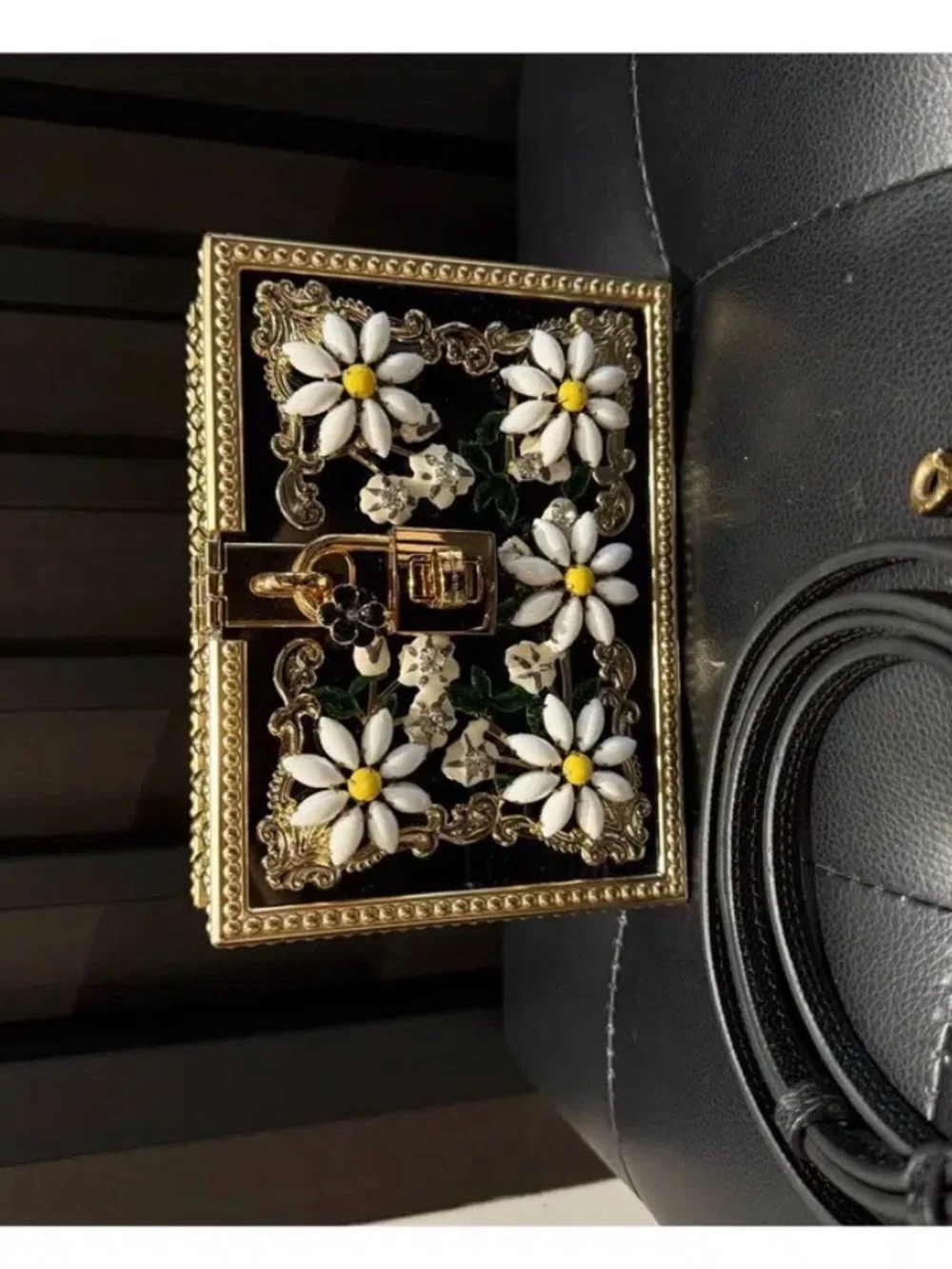 Dolce & Gabbana Gold Floral Daisy Box Clutch - Black/White/Yellow